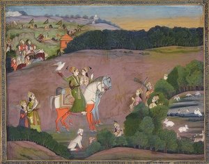 Baz Bahadur e Rupmati caçando falcões. Por volta de 1735