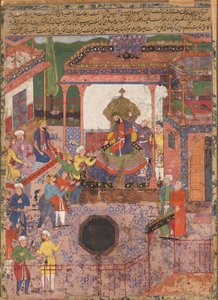 Emissários trazem notícias das províncias de Khaybar e Chin para Anoshirvan. De Hamzanama de Mir Sayyid Ali