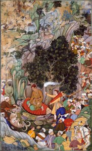 Akbar ordenando o fim da matança em 1578, c.1595 (guache sobre papel) de Miskin Miskin