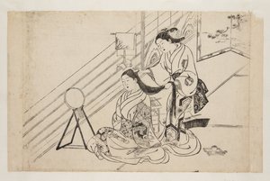 Mulher a pentear o cabelo (impressão em bloco de madeira de cor) de Mitsunobu Hasegawa