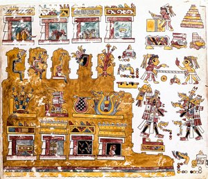 A civilização Mixtec: Mixtec Codex com ilustrações de atividades que ocorrem diante de um templo - Arte pré-colombiana, civilização mista: cenas do cotidiano diante de um templo - Detalhe de uma cópia do Codex Vindobonensis ou do Codex vienense enviado por