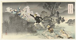 A batalha feroz no rio Ansung, o heroísmo do capitão Matsuzaki Anjô no watashi daigekisen Matsuzaki Taii yûmo (título no objeto) de Mizuno Toshikata