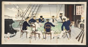 Oficiais da marinha japonesa discutindo táticas de Mizuno Toshikata