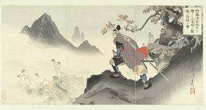 Kato Kiyomasa destruindo e capturando o palácio de Orangai rolando uma pedra. Kato Kiyomasa oishi korogashite Orankai no kenjo ou uchiyaburu zu. (título no objeto)