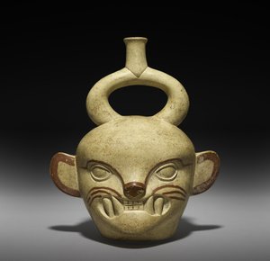 Embarcação na forma de uma cabeça de felino, AD 100-800 (louça de barro com deslizamento) de Moche Moche