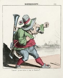 Folha voadora, número 5, Satírico em Cores, por volta de 1870: Badingoscópio - Comuna de Paris/Guerra/Cerco, Caça, Presidente da República - Napoleão III - Ilustração de Moloch (1849-1909) de Moloch