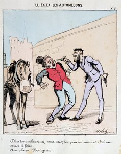 ELE. EX. EX. Motoredons: Desenho animado do transporte na cidade. Um burguês pede educadamente a um cocheiro que o conduza enquanto o ameaça com armas. Desenho de Moloch (1849-1909), por volta de 1860. de Moloch