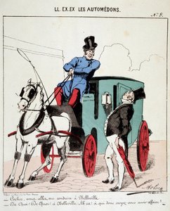 ELE. EX. EX. Motoredons: Desenho animado do transporte na cidade. Um cocheiro recusa-se a levar um burguês para Belleville (Quartier de Paris). Desenho de Moloch (1849-1909), por volta de 1860. de Moloch