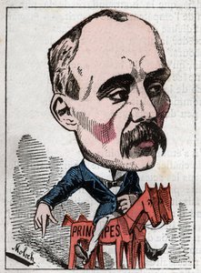 Retrato de Georges Clemenceau (1841-1929) político em "Le Trombinoscope" de Touchatout, caricatura de B. Moloch de 1882 (1849-1909). Coleção privada. de Moloch