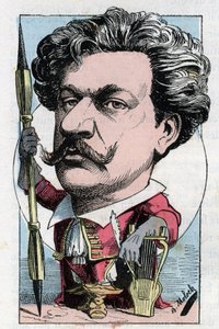 Retrato de Louis Alexandre Gosset de Guines dit Andre Gill (1840 - 1885) Pintor poeta francês em "Le Trombinoscope" de Touchatout, cartoon de B. Moloch de 1882 (1849-1909). Coleção particular. de Moloch