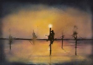Pescadores em palafitas ao pôr do sol de Monica Lindblom