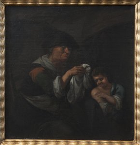 Velha senhora inspecionando a roupa de um menino de Monogrammist Bijs