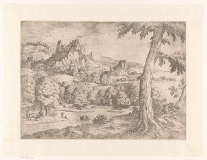 Paisagem panorâmica com grande árvore de Monogrammist DB (etser 16de eeuw)