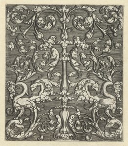 Ornamento com dois animais de fantasia e candelabro de Monogrammist IG