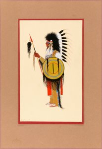 Guerreiro Cheyenne com toucado de penas e escudo de Monroe Tsatoke