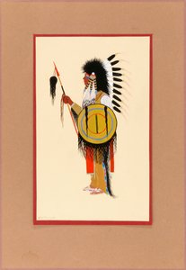 Cheyenne Warrior em cocar de penas com escudo, ca. 1915-1937.