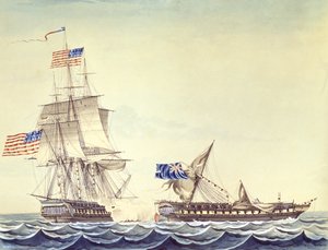 Combate naval entre a fragata americana Constitution e a fragata H.M. Java (aguarela sobre papel) de Montardier Montardier