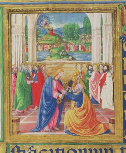 Ms 542 f.3v Cristo dando as chaves a São Pedro, no fundo Deus entrega as Tábuas da Lei a Moisés, de um saltério escrito por Don Appiano da Igreja da Badia Fiorentina, Florença