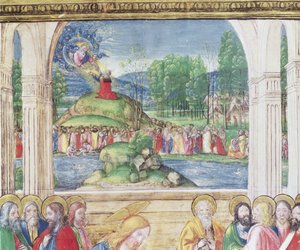 Ms 542 f.3v Moisés recebendo as Tábuas da Lei de Deus, de um saltério escrito por Don Appiano da Igreja da Badia Fiorentina, Florença, detalhe de 1514-15 de 78840