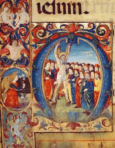 Ms 543 f.5v Historiated inicial O com a crucifixão de Santo André, de um saltério, c.1515