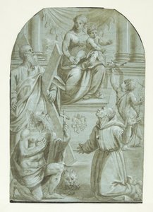 Maria com o menino Jesus entronizado, rodeada pelo apóstolo André, João Batista quando criança, São Jerônimo e São Francisco de Assis de Moretto da Brescia