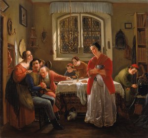 Alemão: Die Heimkehr des Freiwilligen aus den Befreiungskriegen zu den nach alten Sitte lebenden Seinen O regresso do voluntário das guerras de libertação à sua família que continua a viver de acordo com os velhos costumes de Moritz Daniel Oppenheim