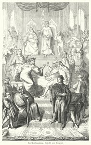 O Sangerkrieg, um concurso entre trovadores no castelo de Wartburg, na Turíngia, em 1207 (gravação) de Moritz Ludwig von (after) Schwind