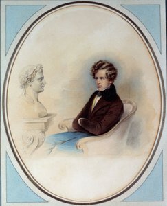 Retrato do Rei de Roma Napoleão II, Duque de Reichstadt (1811-1832), filho do Imperador Napoleão I (1769-1821), em frente ao busto do seu pai Impressão de Moritz Michael Daffinger (1790-1849) Colecção privada do século XIX