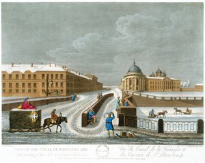 Vista do canal de Fontanka e das barracas, ilustração para novembro de um ano em St Petersburg gravado por John H. Clark, colorido por M. Dubourg. bar. 1815 em Londres por Edward Orme (cor lith