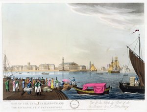 Vista do Neva, do porto e da troca em St Petersburg, ilustração para junho "de um ano em St Petersburg" gravado por John H. Clark, colorido por M. Dubourg, bar. 1815 em Londres por Edward O