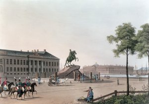 Ideia do lugar de Peter o grande e da casa do Senado em St Petersburg, ilustração para maio "de um ano em St Petersburg" gravado por John H. Clark, colorido por M. Dubourg, bar. 1815 em Londres b