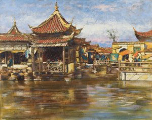 Uma casa de chá, Xangai, c.1909 (guache e óleo a bordo) de Mortimer Ludington Menpes