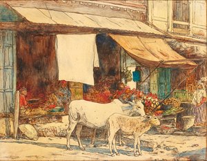 Gado fora de uma barraca de frutas indianas (caneta e tinta e aquarela) de Mortimer Ludington Menpes