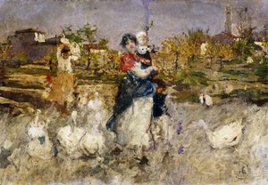 Mãe e filho com gansos,