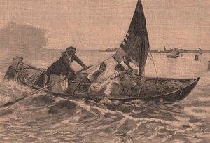 Travessia da lagoa, pintura de Mose Bianchi (1836-1892), Chioggia, Veneto, Itália, xilogravura de Le cento citta d