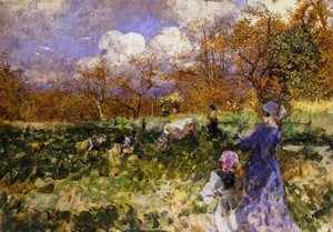 No campo; Mulheres e crianças dirigindo cabras,
