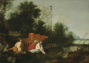 Alemão: Pan und Nymphen beim Baden Paisagem com sátiro, ninfas e gado