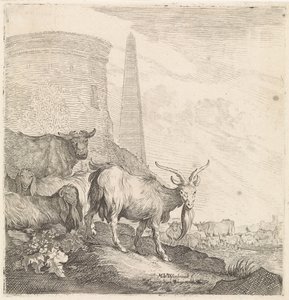 Cabras e vacas por uma torre redonda com um obelisco Animais de quatro patas (título da série) de Moyses van Wtenbrouck