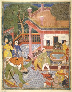 Um herói mata um gigante diante de uma multidão de espectadores em um pátio, ilustração do Hamza Nama, c.1555-67 (bodycolour on cotton) de Mughal School