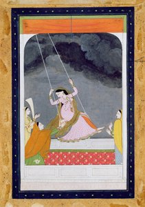 Uma senhora em um balanço, Kangra, colinas de Punjab c.1790 (wc opaca no papel) de Mughal School