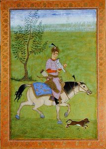 Um príncipe a gavião a cavalo, do Grande Álbum Clive (aguarela sobre papel) de Mughal School