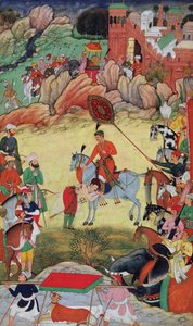 Adham Khan prestando homenagem a Akbar em Sarangpur, na Índia Central, em 1560 ou 1561, do Akbarnama, 1590-98