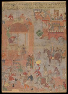 Anushirvan estabelece a fundação de Ctesiphon em uma hora auspiciosa, manuscrito fólio, c.1560-1565 (aquarela opaca, tinta e ouro sobre tela, montada em papelão) de Mughal School