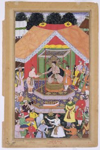 Imperador Akbar (r.1556-1605) entretido por seu irmão adotivo Azim Khan em Dipalpur, Punjab, 1571, do Akbarnama feito por Abul Fazi, 1590-98 (wc opaco e ouro no papel) de Mughal School