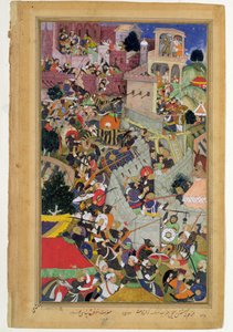 Imperador Akbar (r.1556-1605) dispara Saimal no cerco de Chitov em 1567, do Akbarnama feito por Abul Fazi, 1590-98 (wc opaca e ouro no papel) de Mughal School