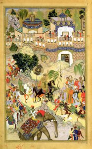 Imperador Akbars entrada triunfante em Surat, do Akbarnama feita por Abul Fazi (1515-1602) 1590-98 (wc opaca e ouro no papel) de Mughal School