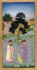 Falconer com companheira e chita de estimação, do Small Clive Album, c.1610-15 (wc opaca no papel) de Mughal School