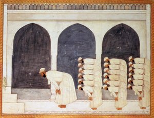 Folio.38a Um príncipe mongol numa mesquita que reza as preces de sexta-feira do grande Clive Album, Mughal, c.1720 de Mughal School