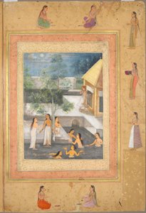 Cena de banho noturno do Harém (reto): caligrafia emoldurada por uma borda ornamental de flores e pássaros (verso), c. 1650 (tinta e cor no papel) de Mughal School