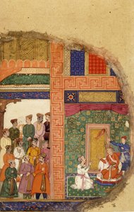 Rei Dasaratha conversando com o padre da família sobre a regência de Rama no interior do palácio, enquanto cortesãos e ministros aguardam no pátio, c.1595 de Mughal School